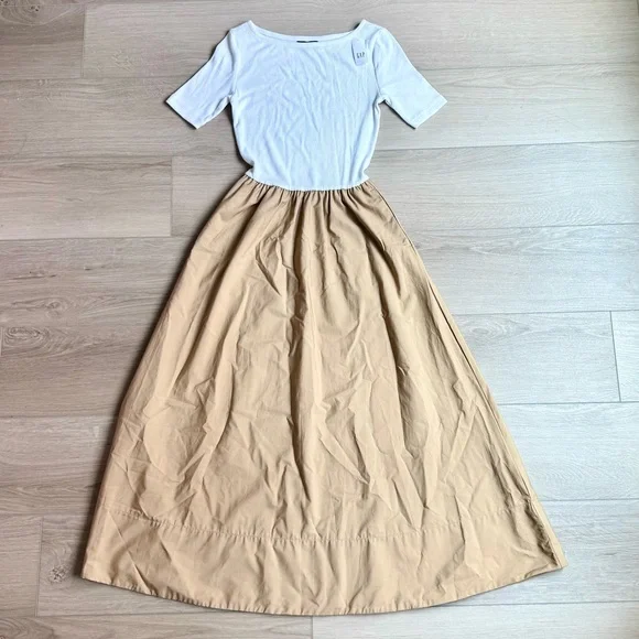 Gap Cotton Midi Dress Contrast White Tan XXS - Picture 3 of 8